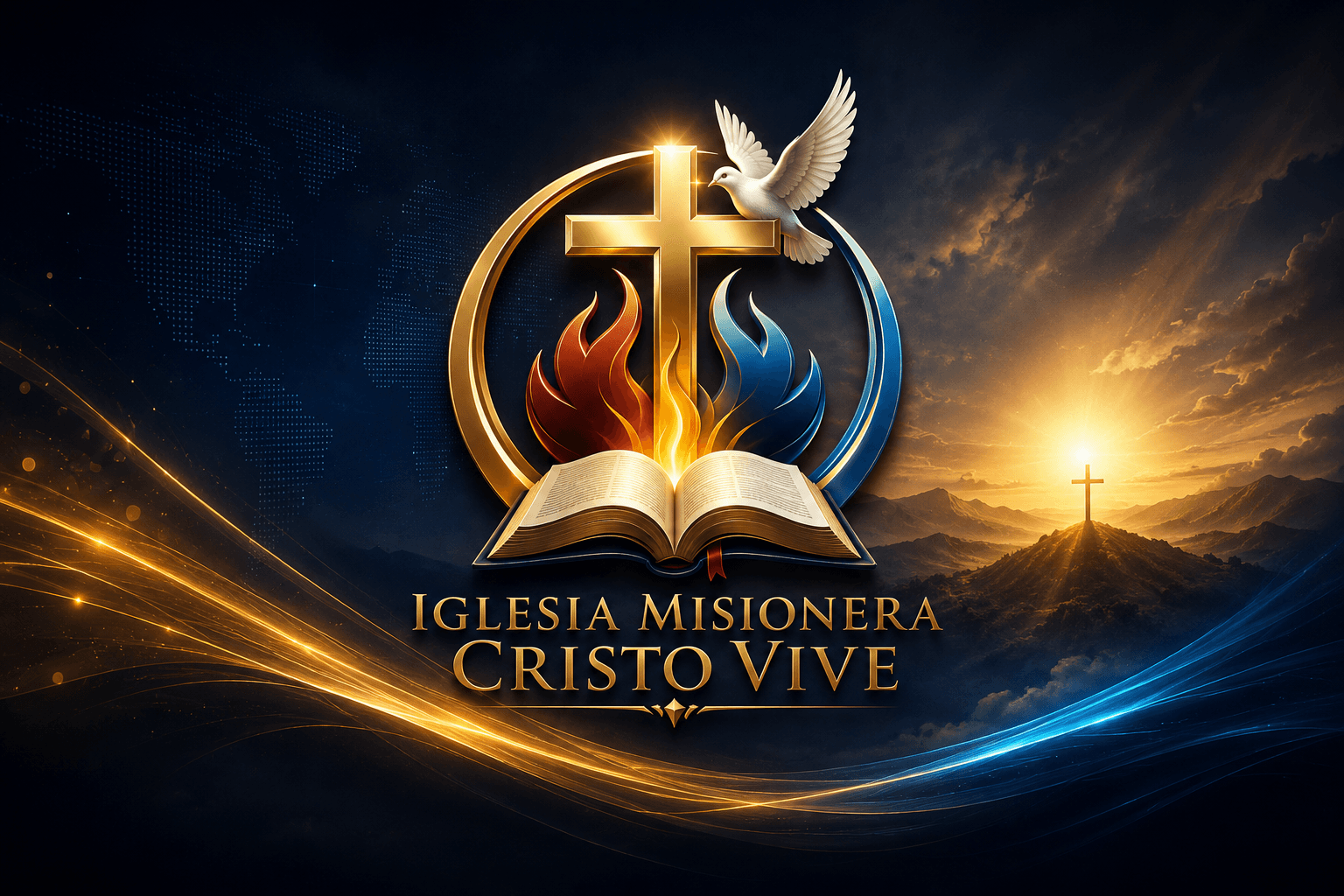 Logo de Iglesia Misionera Cristo Vive con cruz, paloma, biblia y llamas sobre montañas.